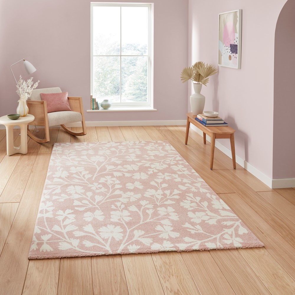 Grace Floral Modern Carved Rugs by Catherine Lansfield in Rose Pink